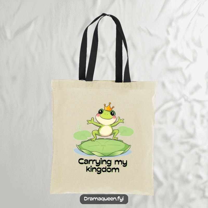 Funny frog king tote bag with a smiling frog wearing a crown leaping onto a giant lily pad. Royal and practical. Perfect.