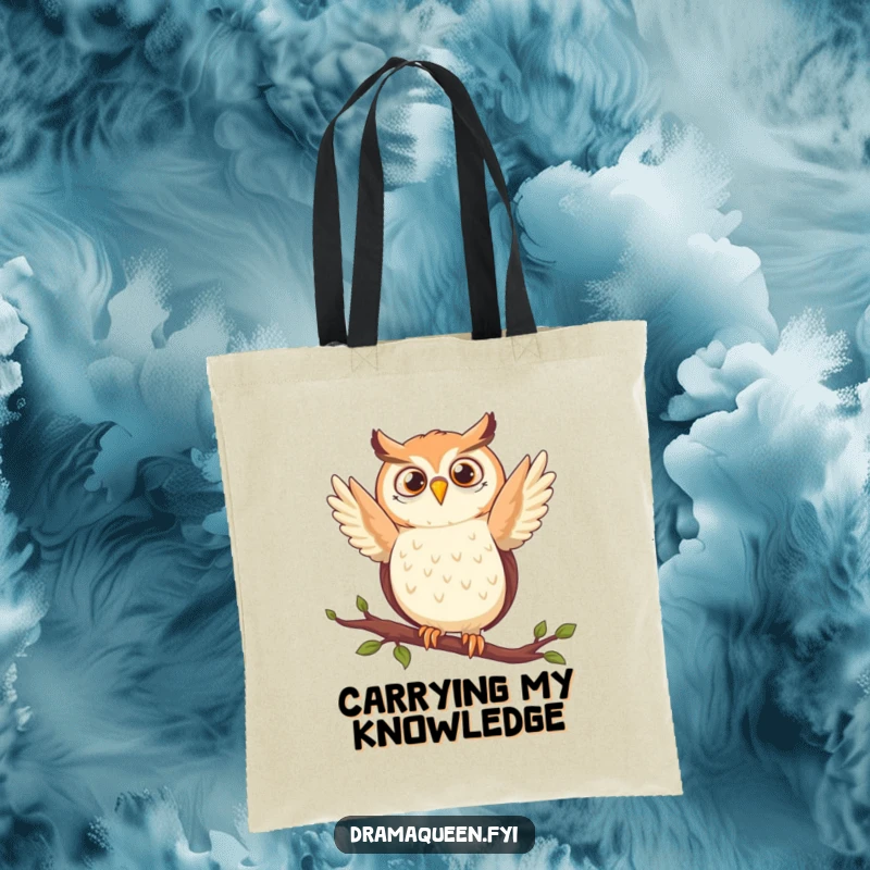 Funny owl tote bag with a delighted character striking a dramatic pose on a branch, perfect for shopping and daily use.