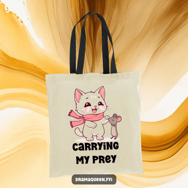 Funny Kitten Tote Bag: A happy kitten in a pink scarf reaching dramatically for a toy mouse, perfect for cat moms, funny gift.