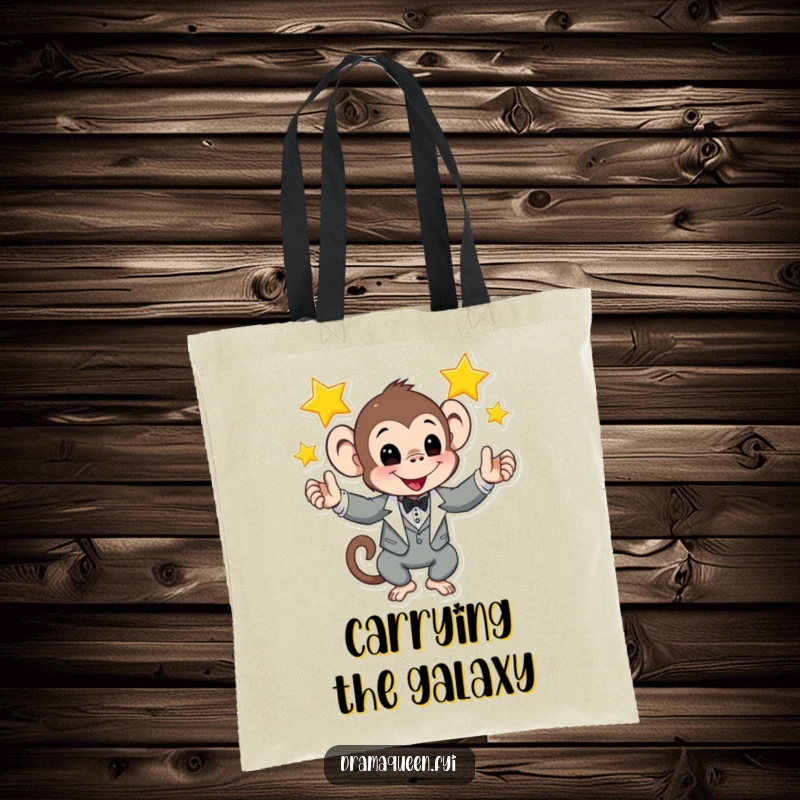 Funny tote bag featuring a monkey in a tuxedo juggling shining stars, a chic and amusing accessory for daily use.