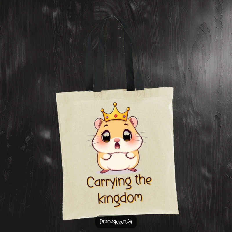 Funny Hamster Tote Bag: A surprised hamster with wide eyes watches its tiny crown comically slide off its head.