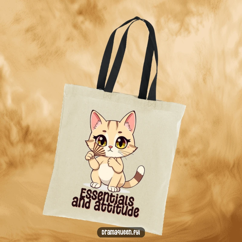 Funny cat tote bag featuring a stylish cat character dramatically fluttering a fan, perfect for carrying essentials with sass.