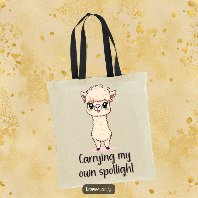 Funny alpaca tote bag with a fluffy mane striking a dramatic pose, ideal for carrying groceries with style.
