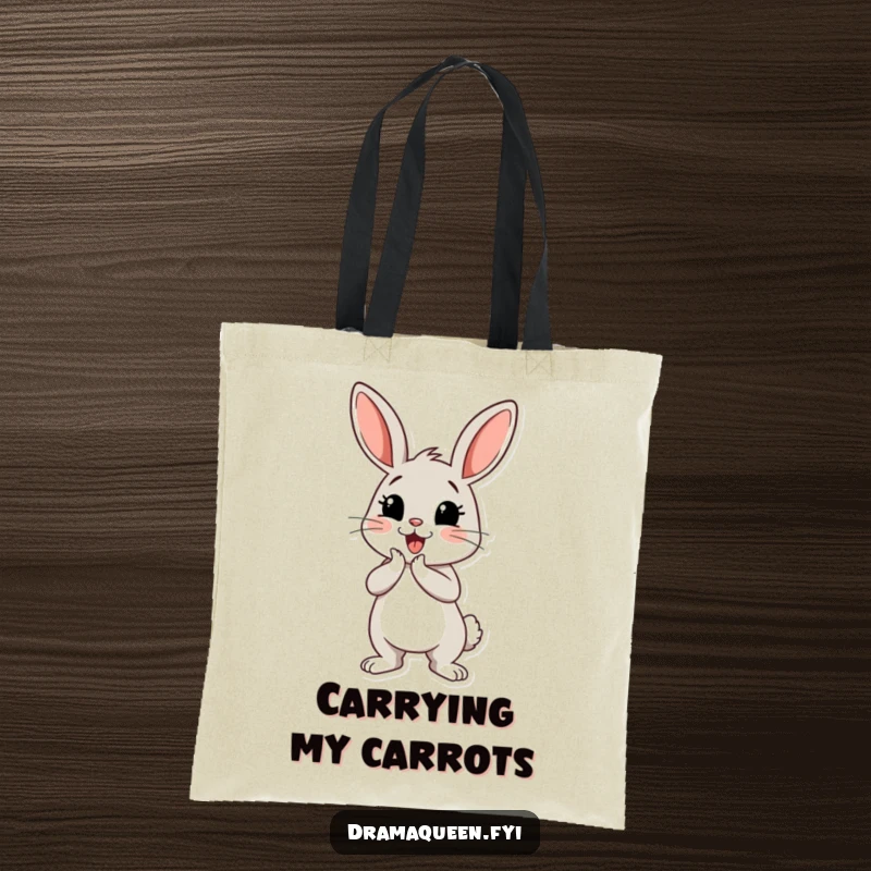 Funny bunny tote bag featuring a cheerful bunny character performing a dramatic curtsey, ideal for carrying items with flair.