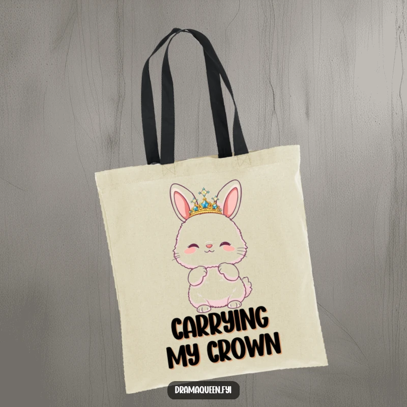 Funny tote bag with a fluffy bunny wearing a sparkly tiara and striking a pose, a stylish and humorous accessory.
