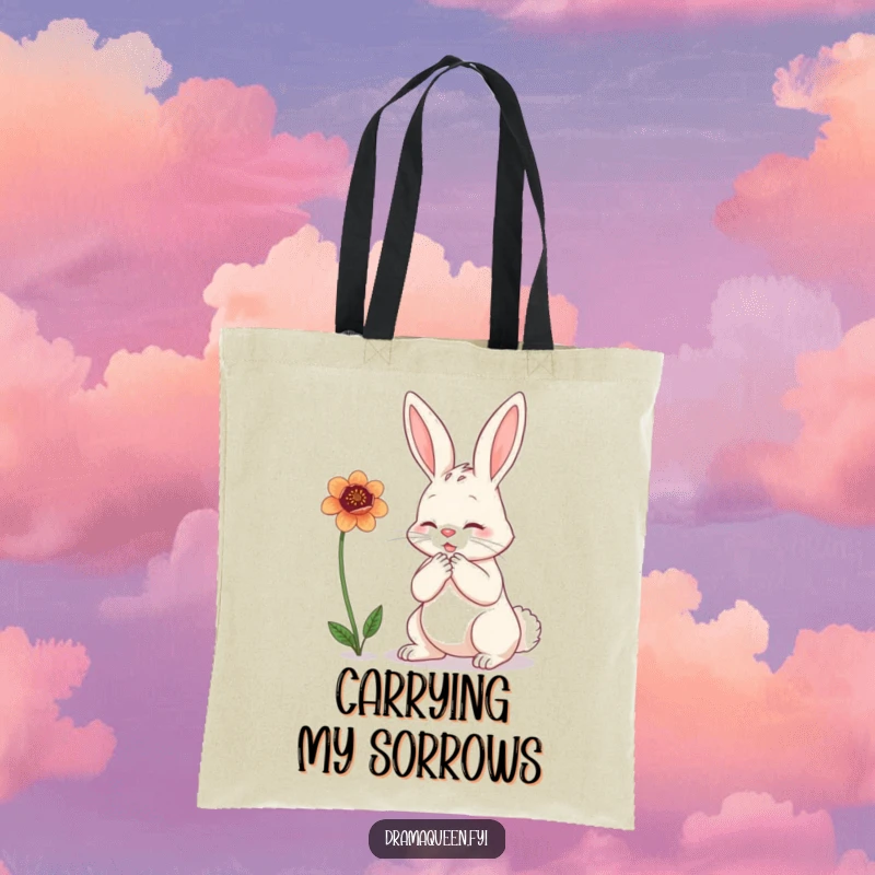 Funny bunny tote bag featuring a rabbit dramatically clutching its chest while looking at a wilting flower, carrying sorrow with humor.