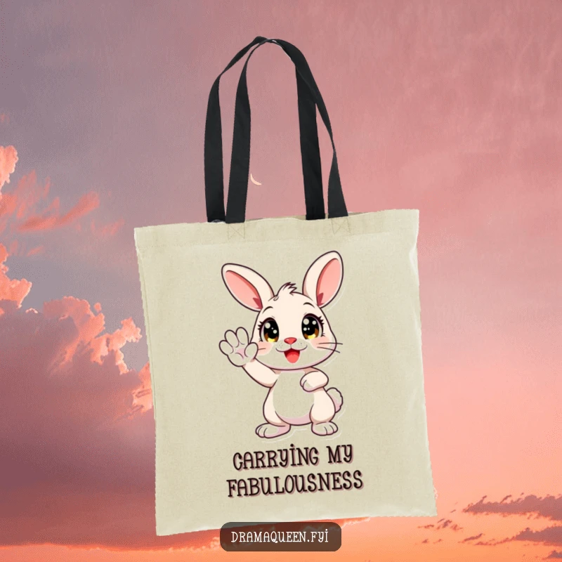 Funny tote bag with a cute bunny striking a dramatic pose, one paw held high, embodying a humorous and expressive character.
