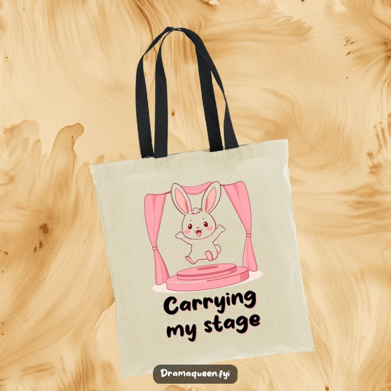 Funny playful bunny character leaping onto a miniature stage on a tote bag, showcasing performance and playful energy.