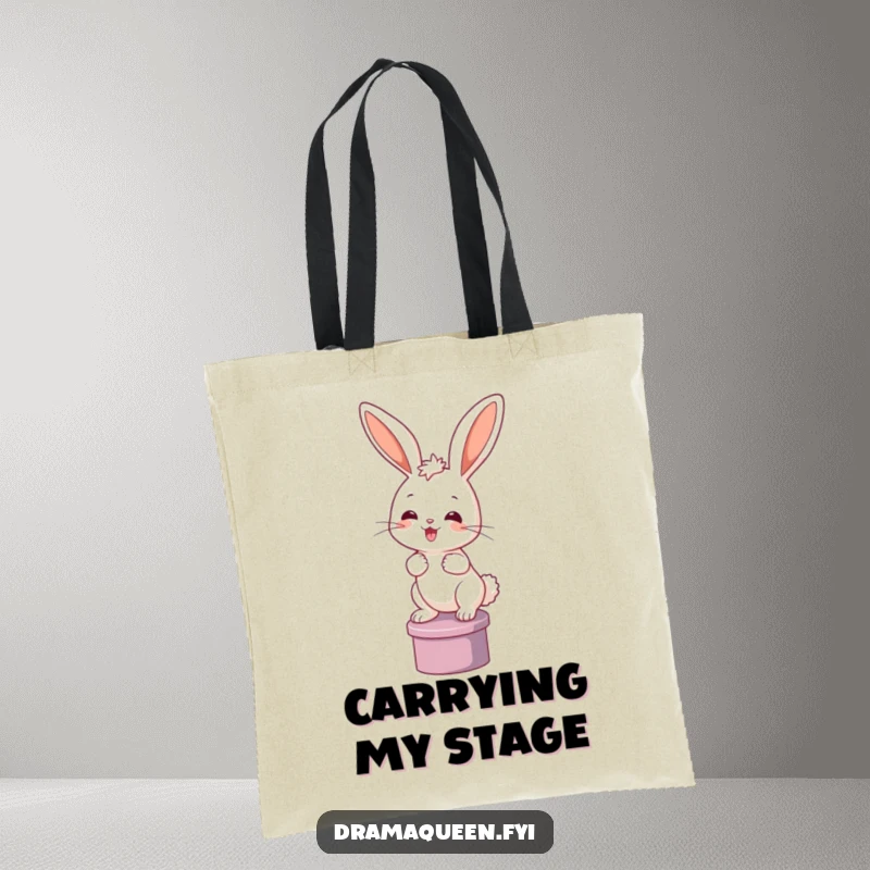 Funny bunny tote bag with a happy rabbit posing on a pedestal. Stylish and humorous, perfect for daily use and gifts.