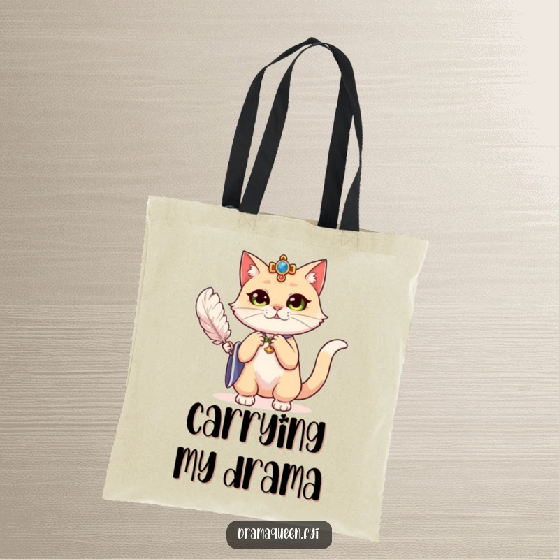 Funny regal cat dramatically fanning herself with a feather on a tote bag, showcasing dramatic style and humor.