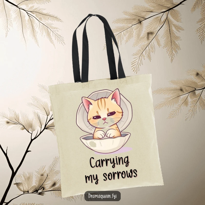 Funny Cat Tote Bag with a dramatic feline practicing a sad face in a polished seashell, perfect for carrying life's essentials.