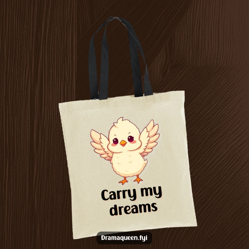 Funny Chick Take Flight Tote Bag depicting a fluffy chick flapping its wings, ready to carry dreams and essentials with humorous speed.