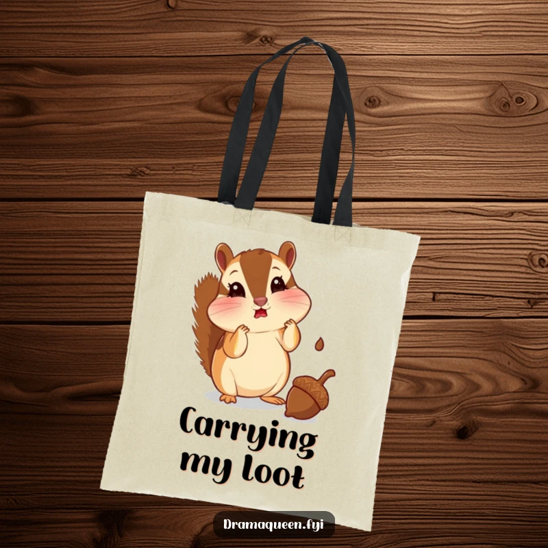 Funny chipmunk tote bag with puffed cheeks looking shocked at a falling acorn. Stylish and humorous, perfect for daily use and gifts.