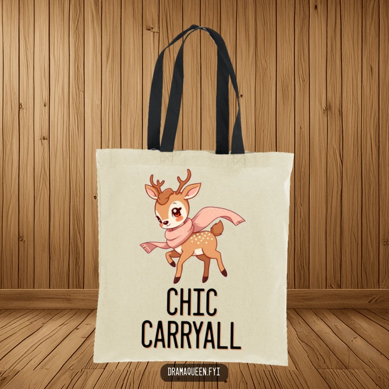 Funny Deer Twirl Tote Bag depicting a graceful deer twirling with a shimmering scarf, perfect for carrying essentials with elegant humor.