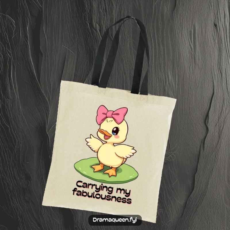 Funny diva duckling tote bag featuring a delighted duckling with a giant bow striking a pose on a lily pad, chic and functional.
