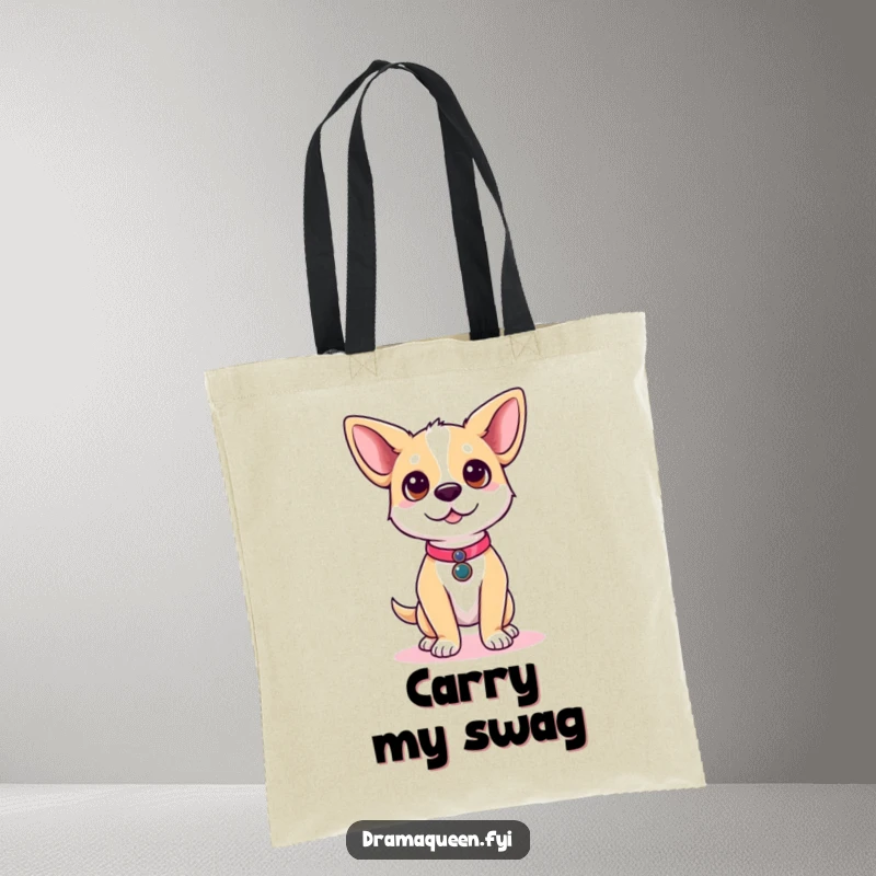 Funny dog tote bag featuring a cute dog character posing confidently on a runway, stylish and practical for carrying essentials.