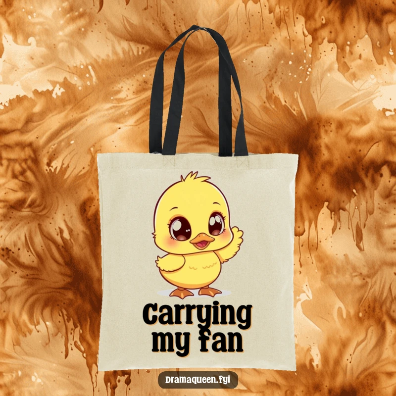 Funny duckling tote bag with large sparkly eyes, fanning dramatically. A chic and humorous accessory for everyday use. Perfect.