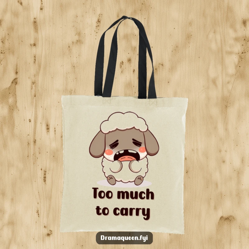 Funny Fainting Sheep Tote Bag: A humorous sheep character pretends to faint dramatically, perfect for carrying essentials with flair, a funny gift.