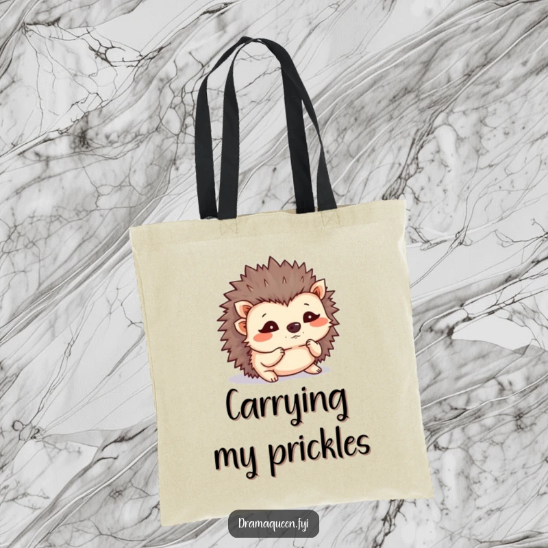 Funny hedgehog tote bag with a tiny, flustered hedgehog shaking its quills. A practical and humorous accessory for your essentials.