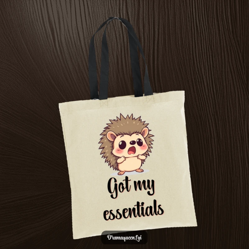 Funny hedgehog tote bag with a curious character striking a dramatic pose with a shocked face, perfect for shopping and daily use.