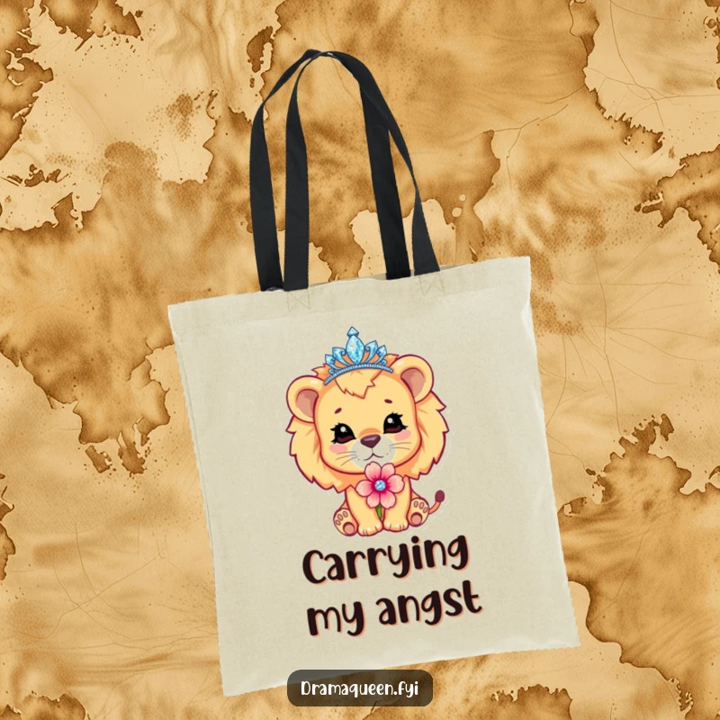 Funny cute lion cub character wearing a sparkling tiara, pouting dramatically with a flower, stylish tote bag, regal.
