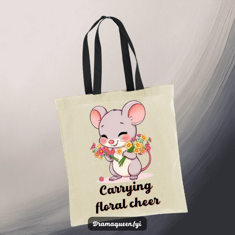 Funny tote bag featuring a cheerful mouse character gracefully bowing while holding a bouquet of tiny, colorful flowers.