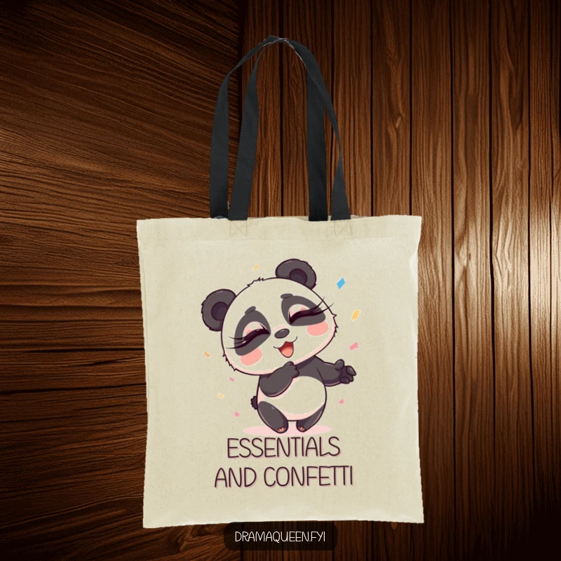 Funny Panda Tote Bag: A panda bedecked with long eyelashes exuberantly scatters confetti, embodying exaggerated flair, a fun party gift.