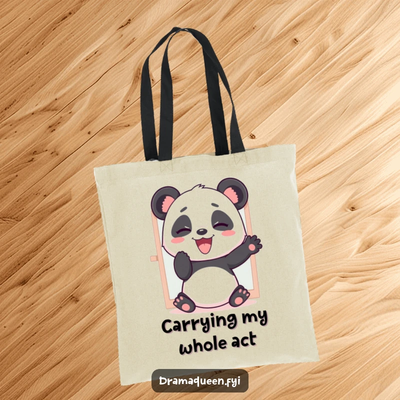 Funny tote bag featuring a giggling panda striking dramatic poses in front of a mirror, ideal for carrying essentials with flair.