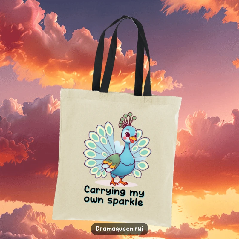 Funny tote bag with a regal peacock fanning its tail feathers with a cheerful grin, ideal for carrying essentials with flair.
