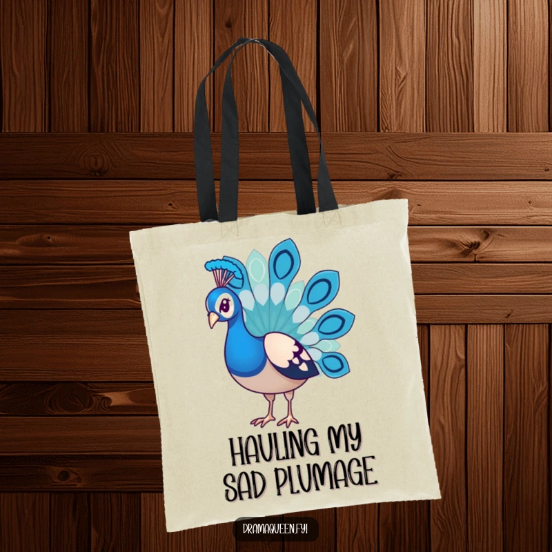 Funny Peacock Tote Bag with a dejected bird showing droopy feathers, adding a touch of humorous sadness to everyday errands.