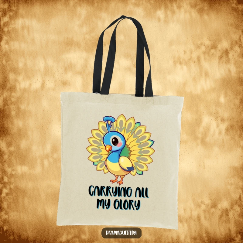 Funny Tote Bag: Stylish peacock fanning its spectacular tail feathers with a dazzling, eye-catching flourish.