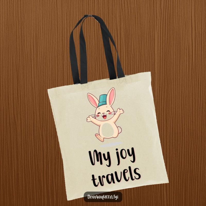 Funny tote bag depicting a happy rabbit in a fancy hat joyfully jumping, perfect for carrying essentials with whimsical flair.