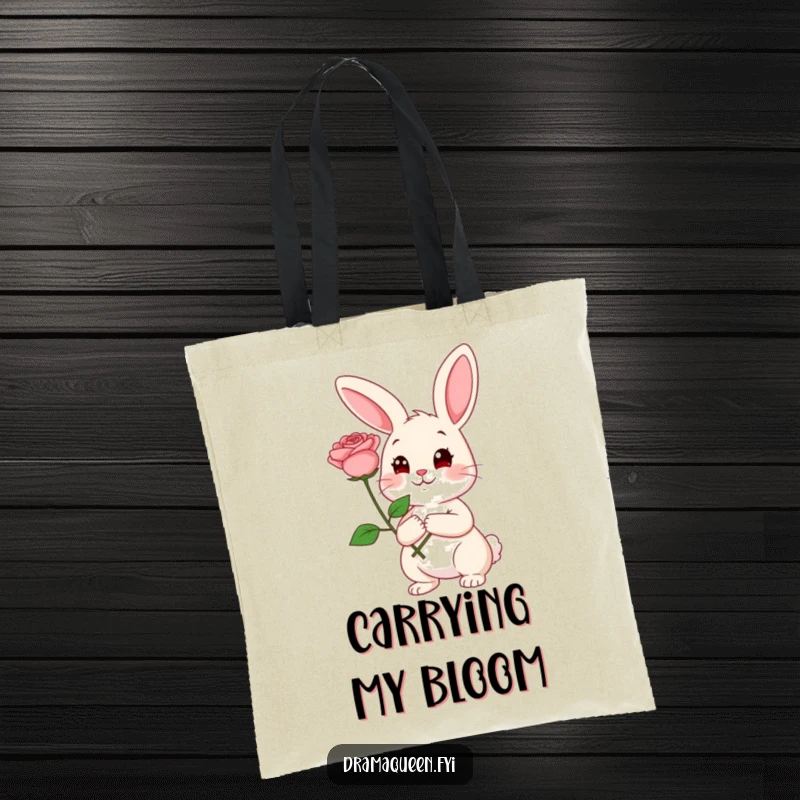Funny Rabbit Tote Bag: Cheerful rabbit with a large rose and a coy expression, perfect for carrying essentials, a sweet funny gift.