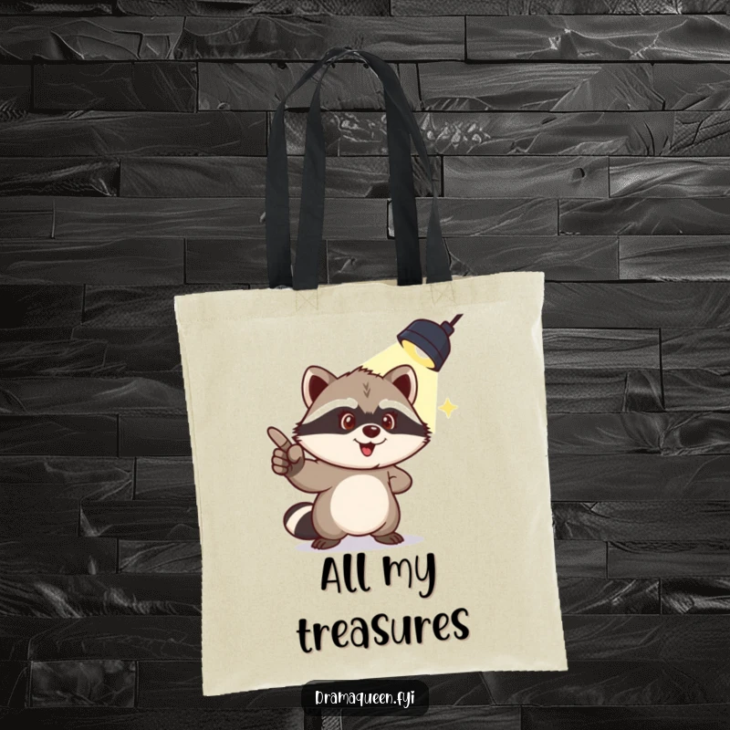 Funny tote bag featuring a mischievous raccoon pointing at an overhead spotlight, perfect for carrying essentials with humor.