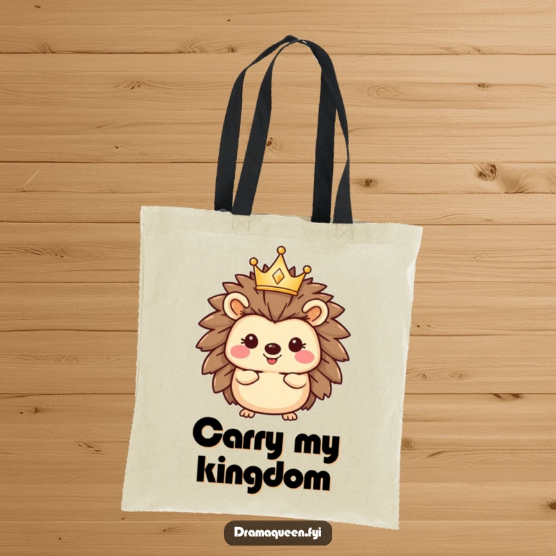 Funny hedgehog tote bag featuring a happy character wearing a tiny, sparkling crown, ideal for carrying groceries with a regal, humorous touch.