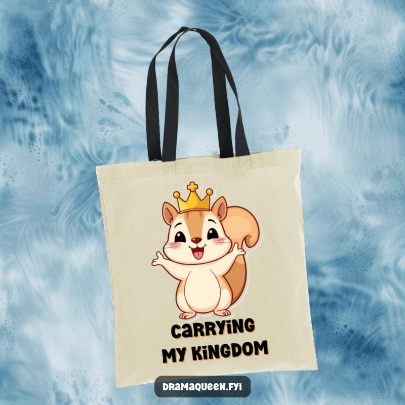 Funny tote bag depicting a cheerful squirrel wearing a small crown, gesturing grandly, perfect for carrying groceries or noble decrees.