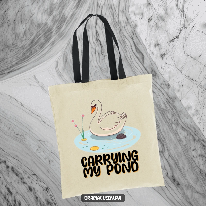 Funny tote bag with a sassy swan character elegantly gliding on a tiny pond, perfect for humorous and stylish carrying.