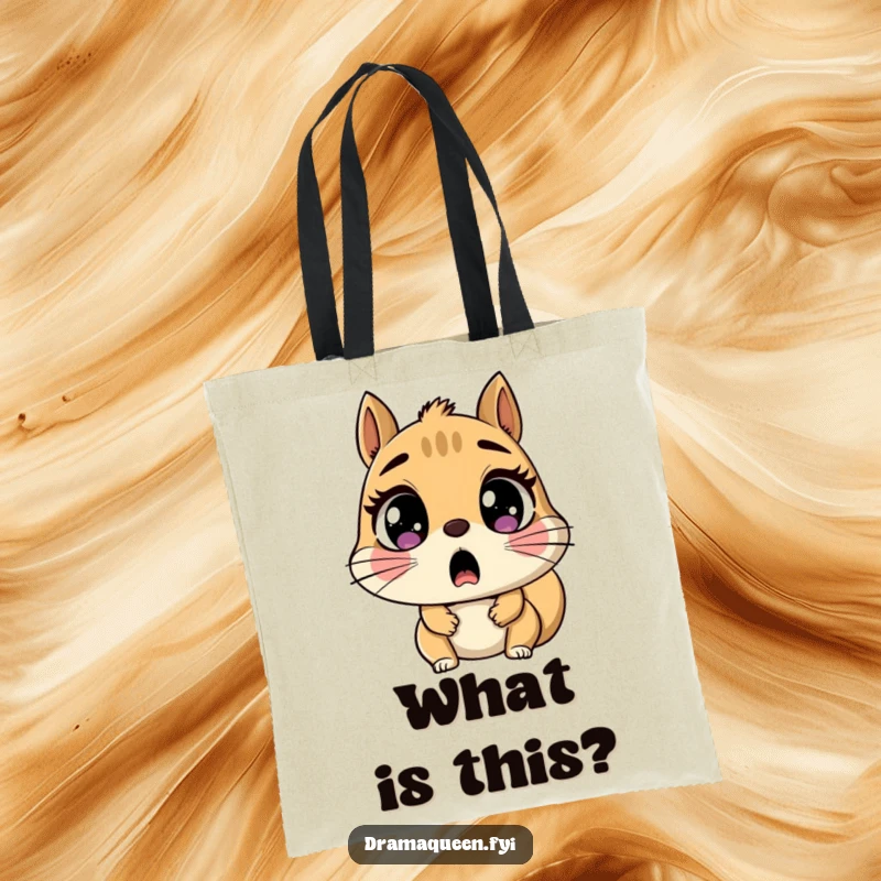 Funny Tote Bag showcasing a shocked squirrel character with wide, round eyes gasping, ideal for carrying items with humorous surprise.