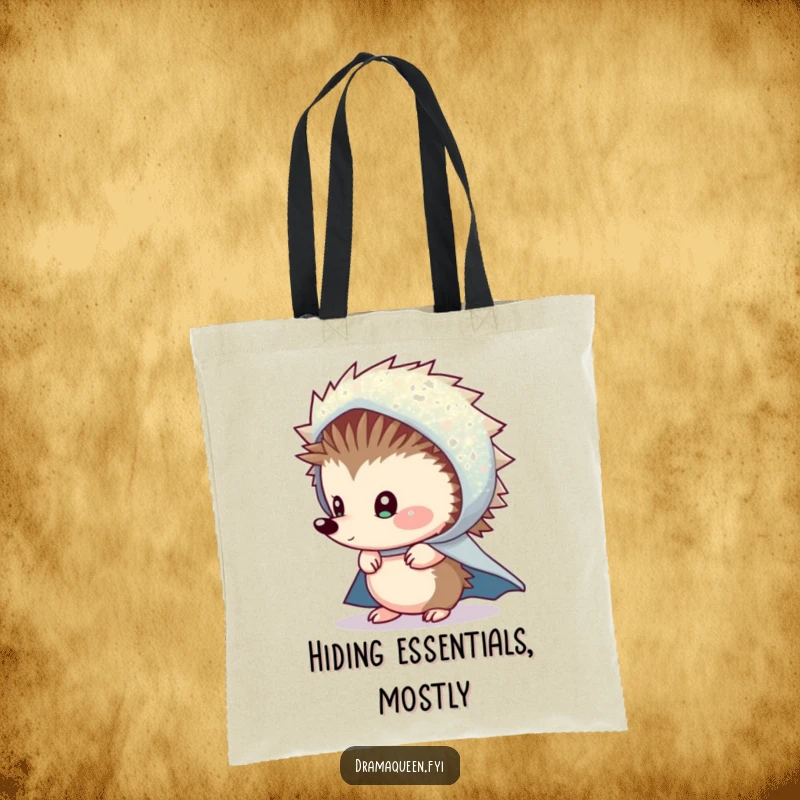 Funny Shy Hedgehog Cape Tote Bag: A tote bag featuring a shy hedgehog peeking from under a sparkly cape, perfect for daily use.