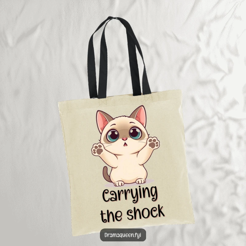 Funny Tote Bag: A surprised Siamese cat with wide eyes and paws flung up in a comical reaction.