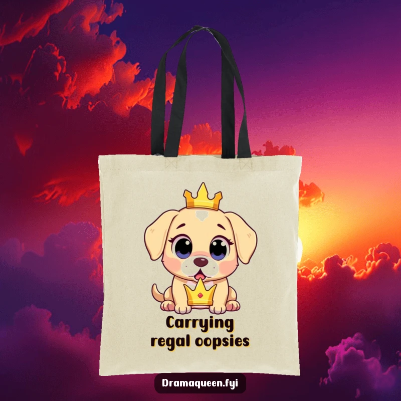 Funny surprised puppy tote bag featuring a puppy dropping a tiny crown with wide, expressive, shocked eyes, functional and adorable.