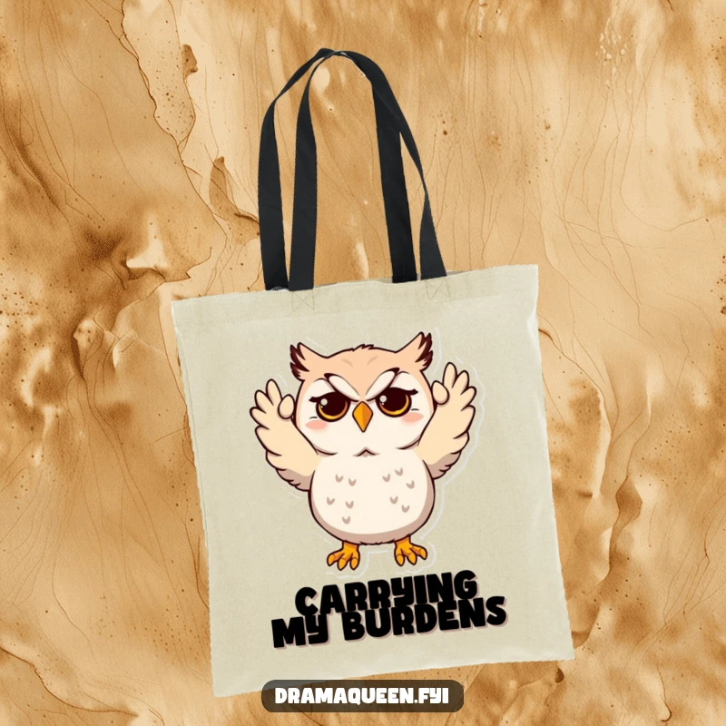 Funny Owl Tote Bag featuring a dramatic character throwing its hands up in mock despair, a humorous and practical accessory.