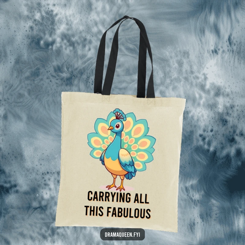 Funny Peacock Tote Bag featuring a proud character displaying its glorious tail feathers, adding a touch of elegance and humor.