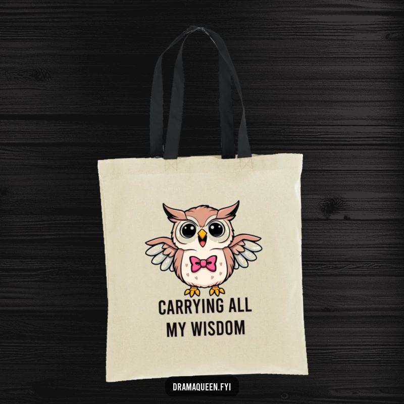 Funny tote bag with a triumphant owl wearing a bowtie, wings outstretched, hooting loudly, ready for grand occasions.