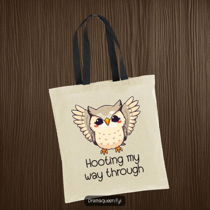 Funny tote bag with a dramatic owl hooting with flair and wings extended, ideal for carrying essentials with a comedic touch.
