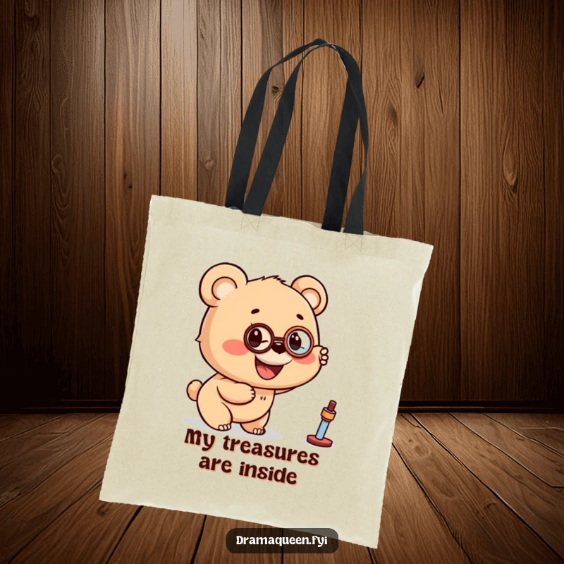 Funny tote bag with a smiling bear cub wearing a monocle, pointing excitedly at an unseen object in the distance.