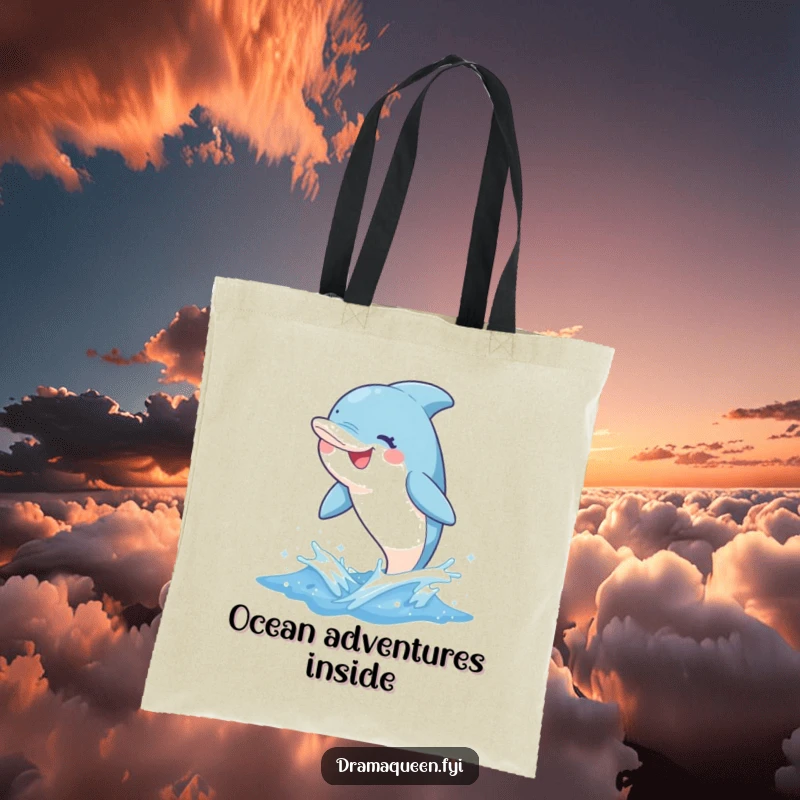 Funny dolphin tote bag featuring a delighted character leaping from a sparkly wave with a whimsical grin, perfect for carrying treasures.